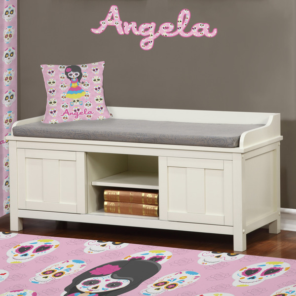 Kids Sugar Skulls Wall Name Decal Above Storage bench