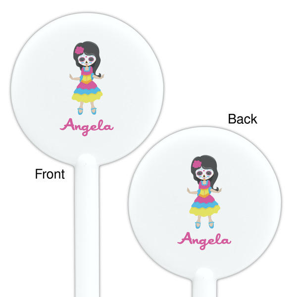 Kids Sugar Skulls White Plastic 5.5" Stir Stick - Double Sided - Round - Front & Back