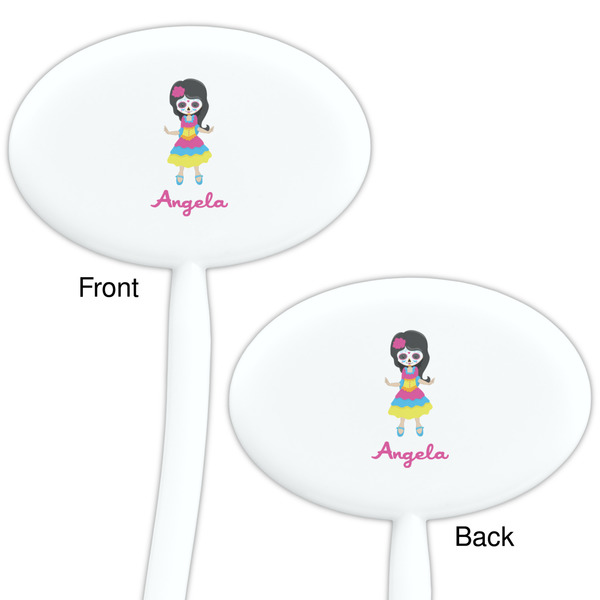 Kids Sugar Skulls White Plastic 7" Stir Stick - Double Sided - Oval - Front & Back