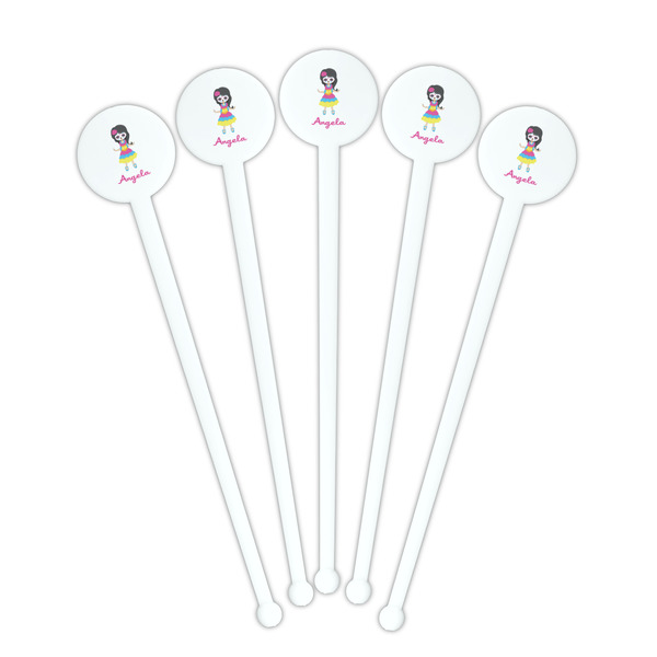 Kids Sugar Skulls White Plastic 7" Stir Stick - Round - Fan View