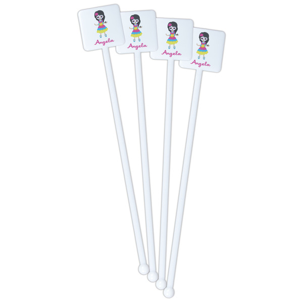 Kids Sugar Skulls White Plastic Stir Stick - Single Sided - Square - Front