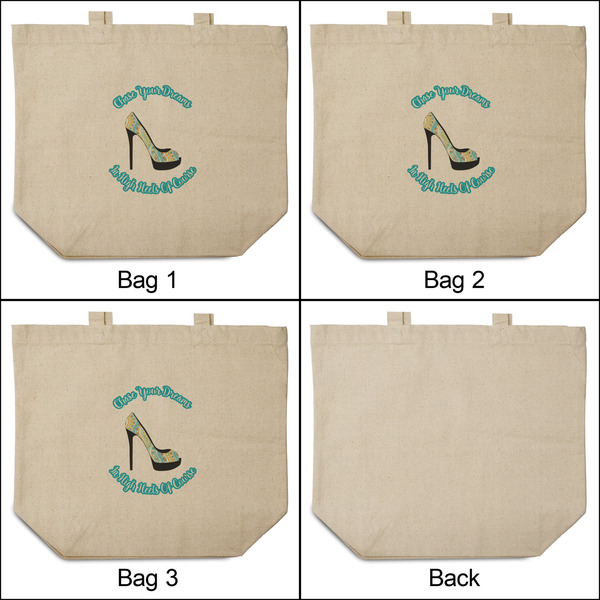 High Heels 3 Reusable Cotton Grocery Bags - Front & Back View