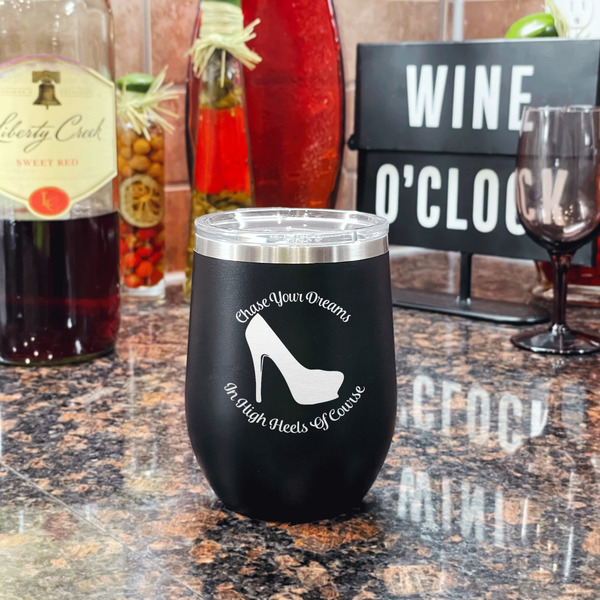 High Heels Stainless Wine Tumblers - Black - Single Sided - In Context