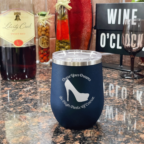 High Heels Stainless Wine Tumblers - Navy - Single Sided - In Context