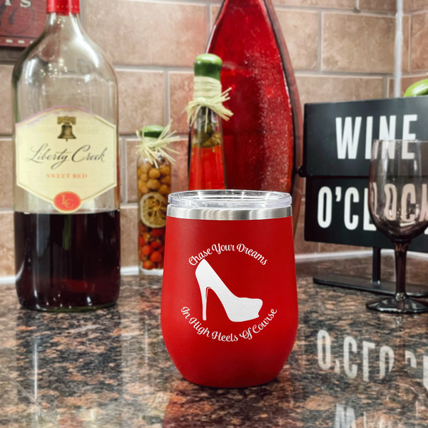 High Heels Stainless Wine Tumblers - Red - Single Sided - In Context