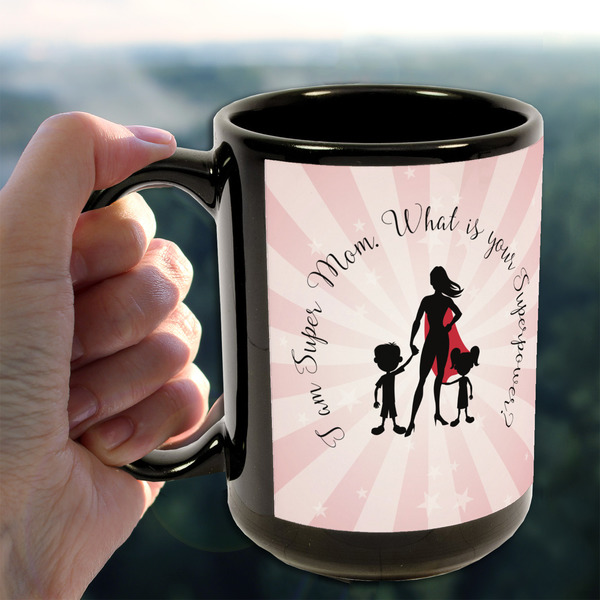 Super Mom 15oz. Black Mug - LIFESTYLE