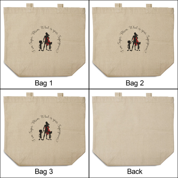 Super Mom 3 Reusable Cotton Grocery Bags - Front & Back View