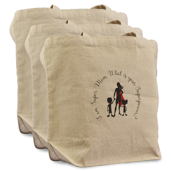 Super Mom 3 Reusable Cotton Grocery Bags - Front View