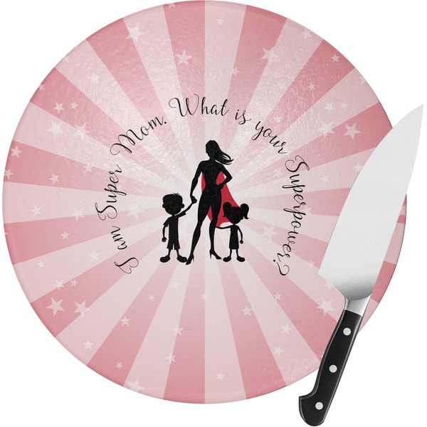 Custom Super Mom Round Glass Cutting Board - Small