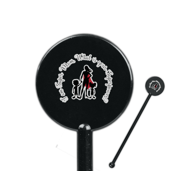 Custom Super Mom 5.5" Round Plastic Stir Sticks - Black - Single Sided