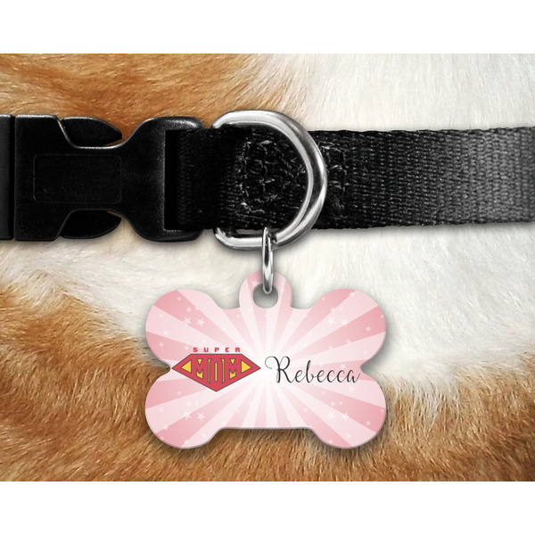 Super Mom Bone Shaped Dog Tag on Collar & Dog