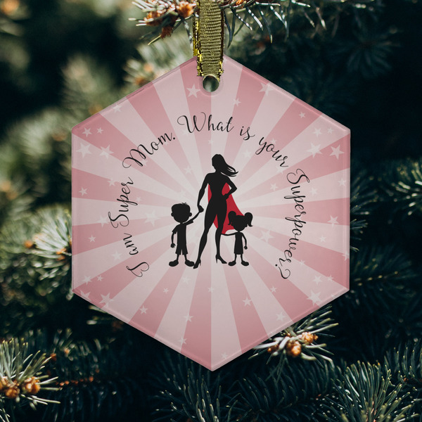 Super Mom Frosted Glass Ornament - Hexagon (Lifestyle)