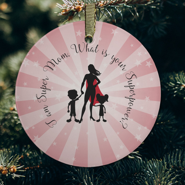 Super Mom Frosted Glass Ornament - Round (Lifestyle)