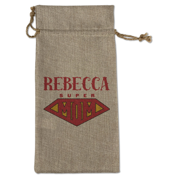 Custom Super Mom Large Burlap Gift Bag - Front