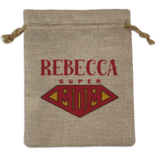 Custom Super Mom Medium Burlap Gift Bag - Front