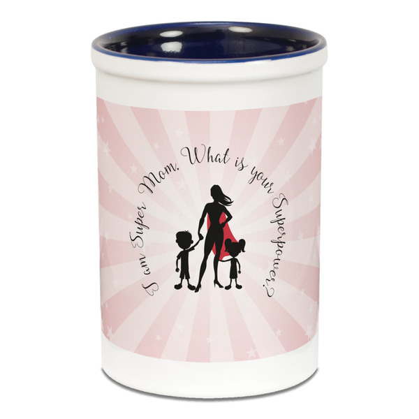 Custom Super Mom Ceramic Pencil Holders - Blue