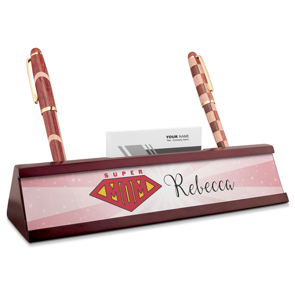 Custom Super Mom Red Mahogany Nameplate with Business Card Holder