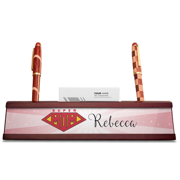 Super Mom Red Mahogany Nameplates with Business Card Holder - Straight