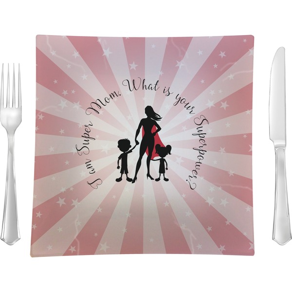 Custom Super Mom 9.5" Glass Square Lunch / Dinner Plate- Single or Set of 4