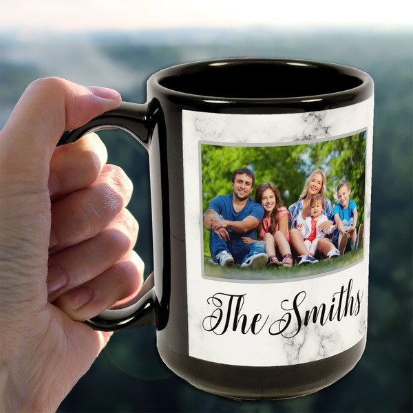 Family Photo and Name 15oz. Black Mug - Lifestyle