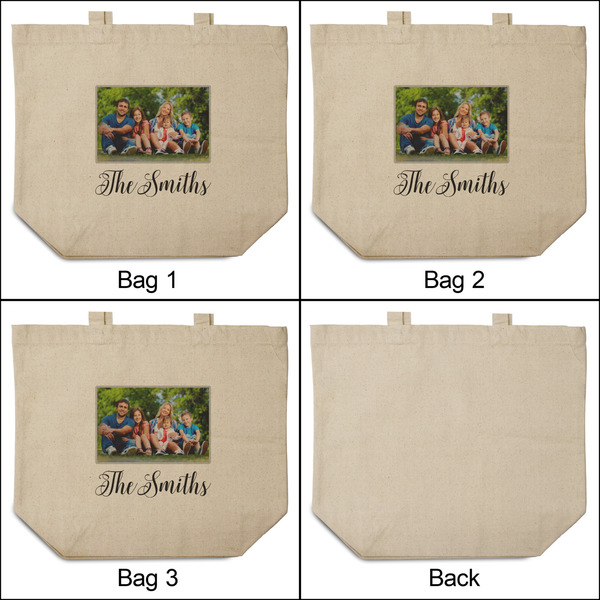 Family Photo and Name 3 Reusable Cotton Grocery Bags - Front & Back View