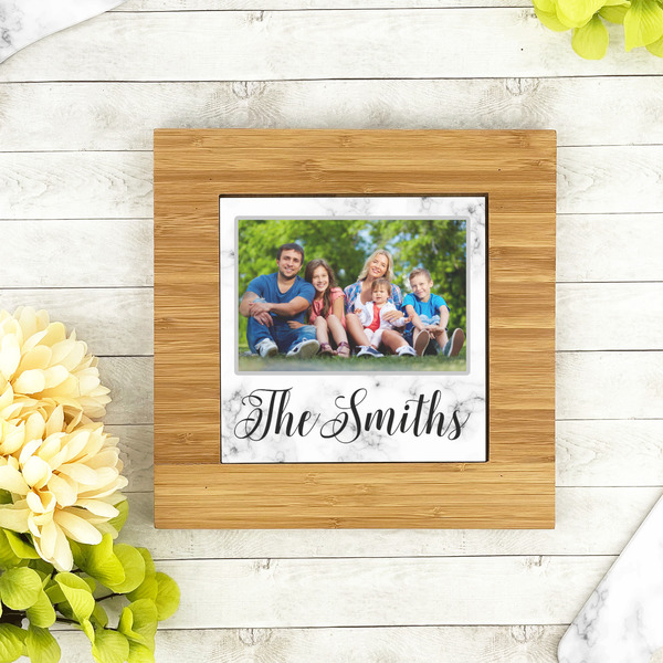Family Photo and Name Bamboo Trivet with 6" Tile - LIFESTYLE