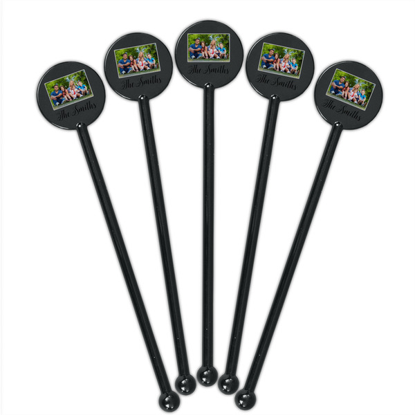 Family Photo and Name Black Plastic 5.5" Stir Stick - Round - Fan View