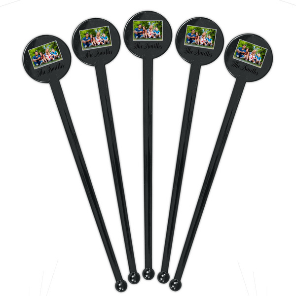 Family Photo and Name Black Plastic 7" Stir Stick - Round - Fan View