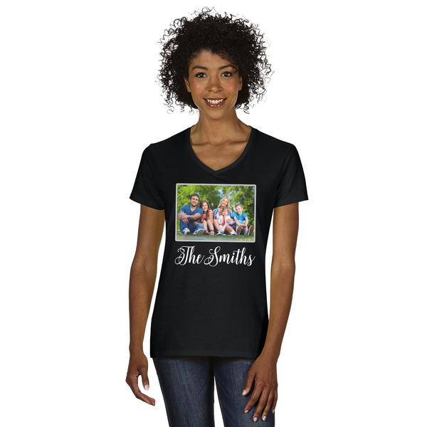 Custom Family Photo and Name Women's V-Neck T-Shirt - Black - Small