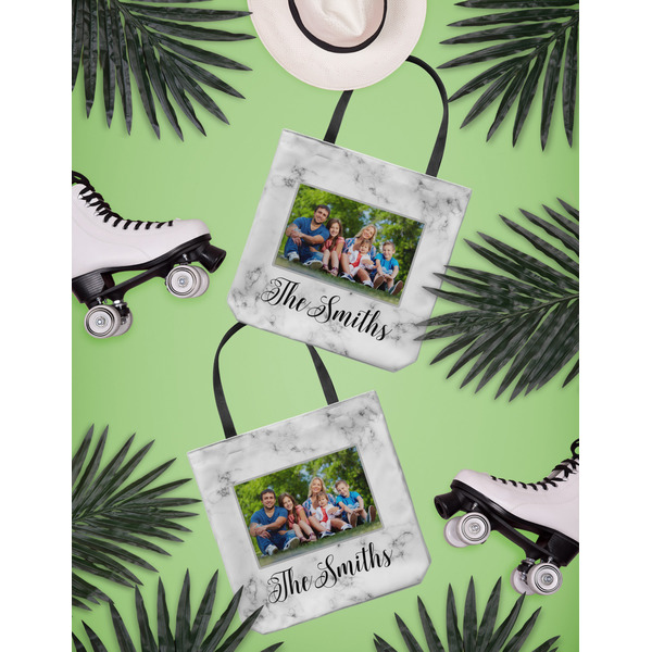 Family Photo and Name Canvas Tote Lifestyle Front and Back- 13x13