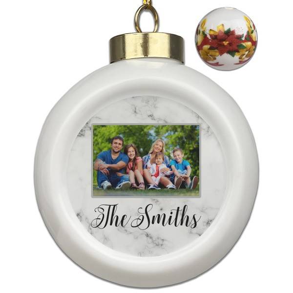 Custom Family Photo and Name Ceramic Ball Ornaments - Poinsettia Garland