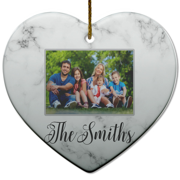 Family Photo and Name Ceramic Flat Ornament - Heart (Front)