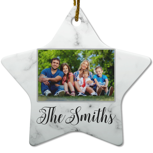 Family Photo and Name Ceramic Flat Ornament - Star (Front)