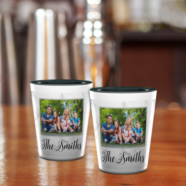 Family Photo and Name Ceramic Shot Glass - Two Tone - Lifestyle