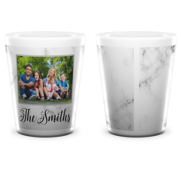 Family Photo and Name Ceramic Shot Glass - White - Front & Back