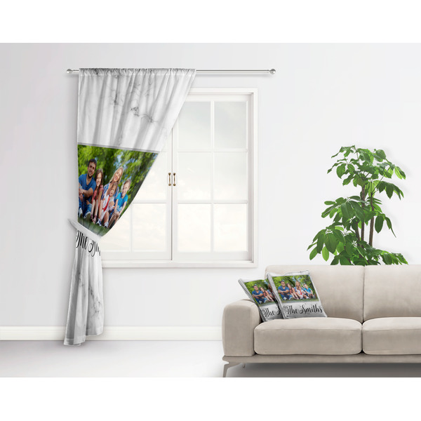 Family Photo and Name Curtain With Window and Rod - in Room Matching Pillow