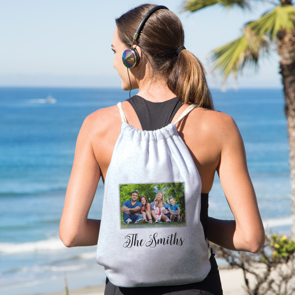 Family Photo and Name Drawstring Backpacks - Sweatshirt Fleece - Single Sided - LIFESTYLE