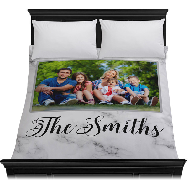 Family Photo and Name Duvet Cover - Queen - On Bed - No Prop