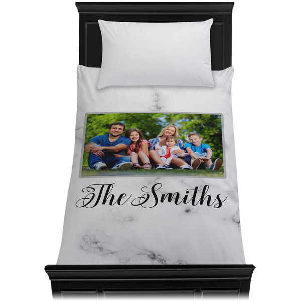 Family Photo and Name Duvet Cover - Twin XL - On Bed - No Prop