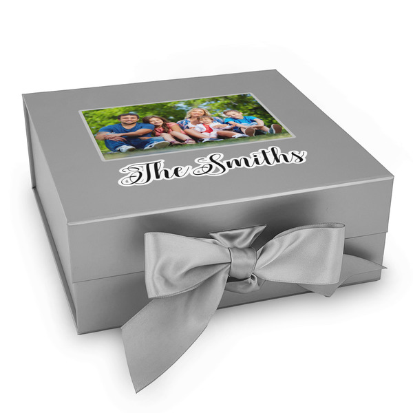 Custom Family Photo and Name Gift Box with Magnetic Lid - Silver