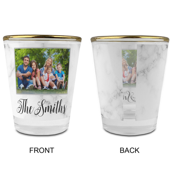 Family Photo and Name Glass Shot Glass - Gold Rim - Front & Back
