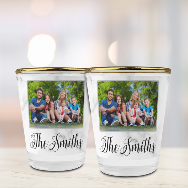 Family Photo and Name Glass Shot Glass - Gold Rim - Lifestyle