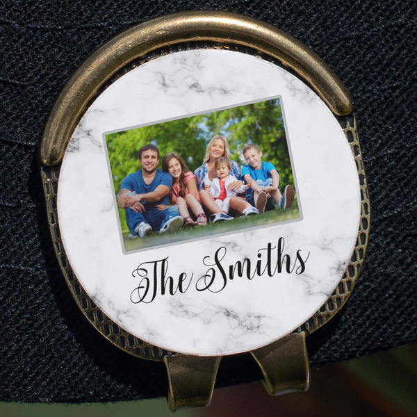 Family Photo and Name Golf Ball Marker Hat Clip - Gold - Close Up