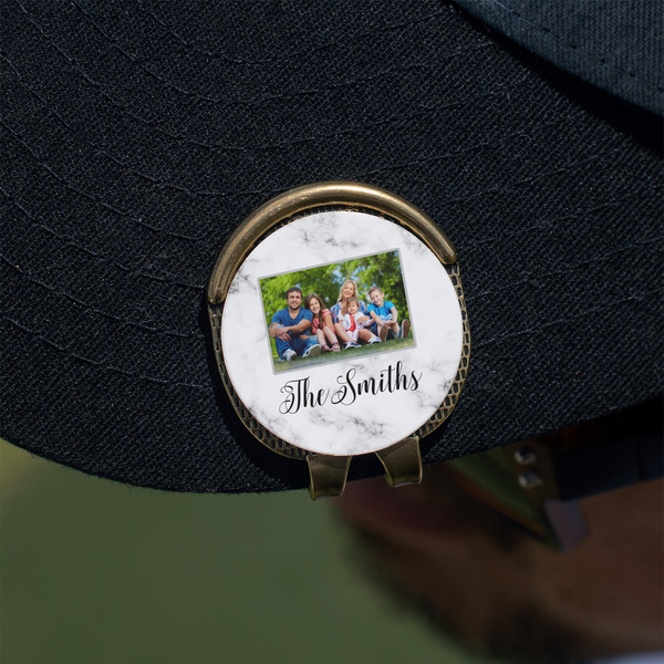 Family Photo and Name Golf Ball Marker Hat Clip - Gold - On Hat