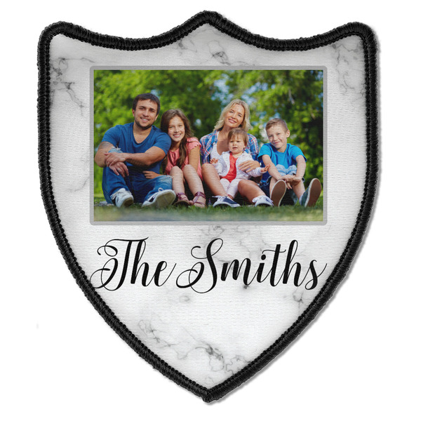 Family Photo and Name Iron On Patch - Shield - Style B - Front