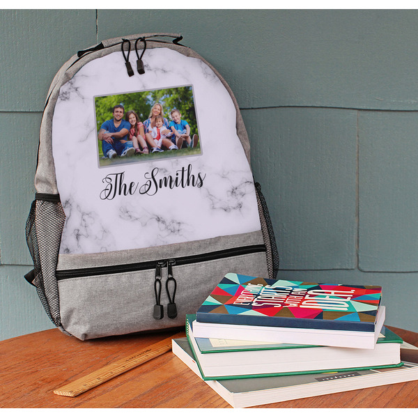 Family Photo and Name Large Backpack - Gray - On Desk