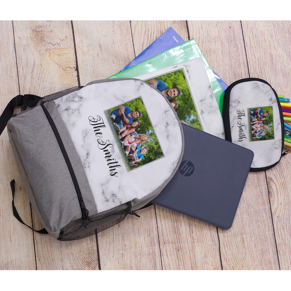Family Photo and Name Large Backpack - Gray - With Stuff