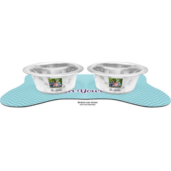 Family Photo and Name Metal Pet Bowls - On Dog Bone Shaped Mat