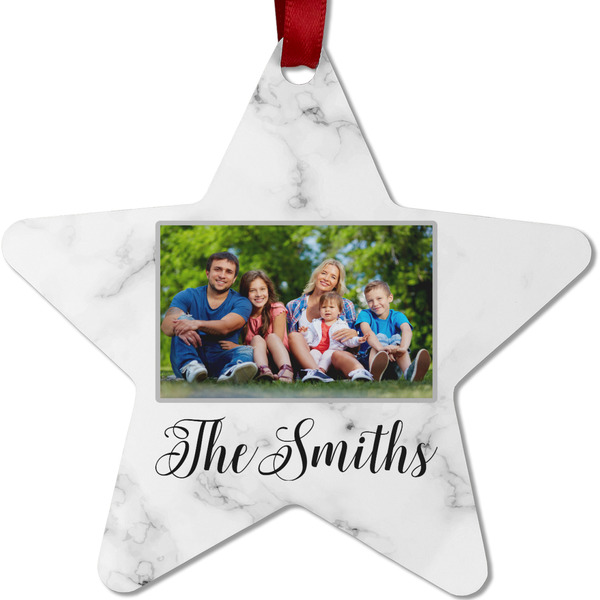 Custom Family Photo and Name Metal Star Ornament - Double-Sided