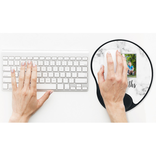 Family Photo and Name Mouse Pad with Wrist Rest - LIFESYTLE 2 (in use)